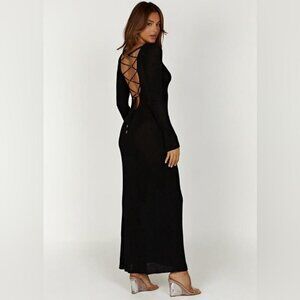 Fashion Nova - Long Sleeve Black Maxi Dress with Lace Up Open Back